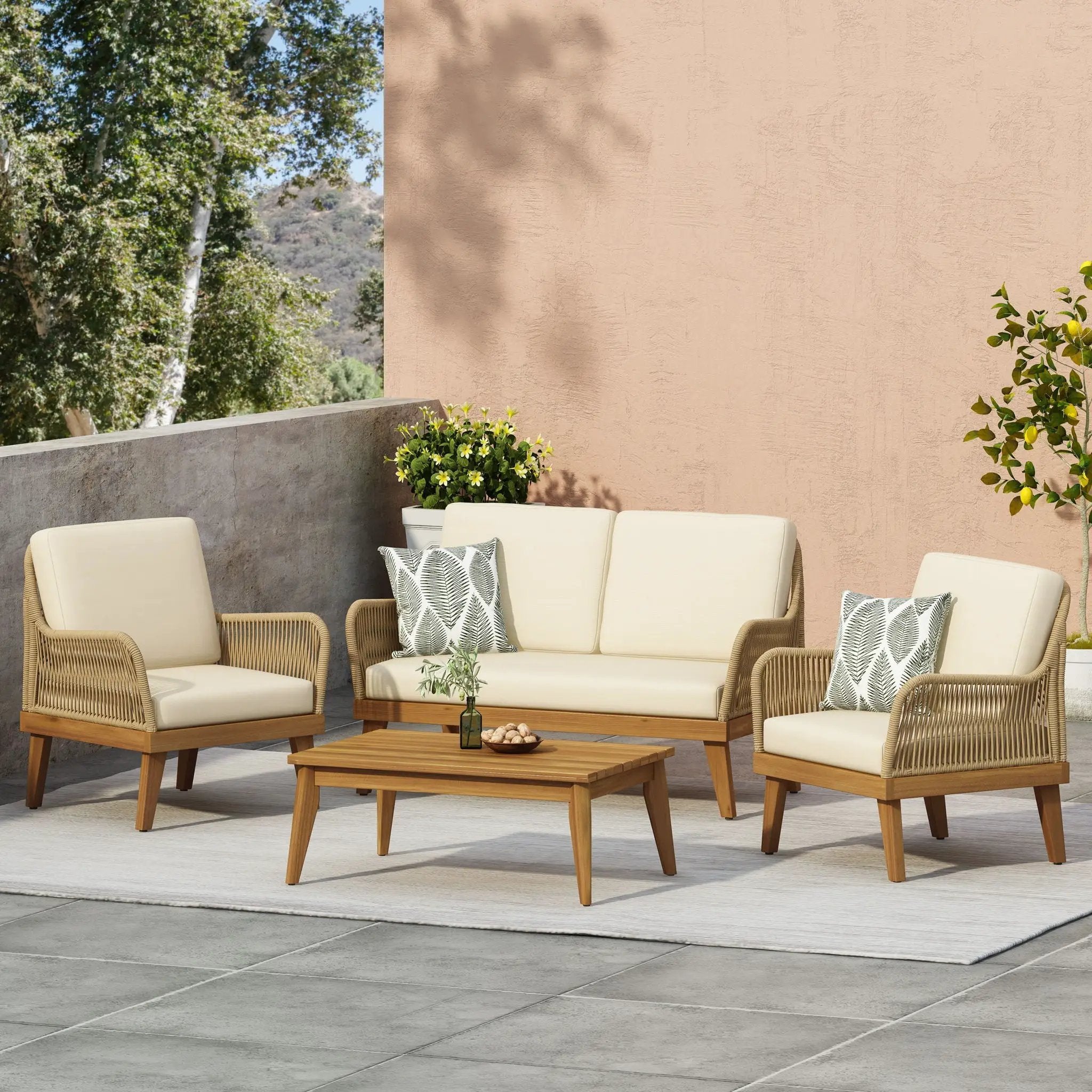 Hueber Outdoor And Rope 4 Seater Chat Set With Cushions - Teak by HouseOfZazla