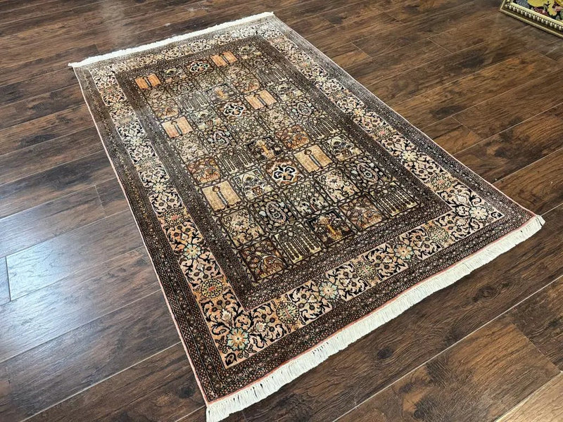 Indian Kashmiri Silk Rug 4x6, Panel Design, Multicolor, Fine by Jewel Rugs