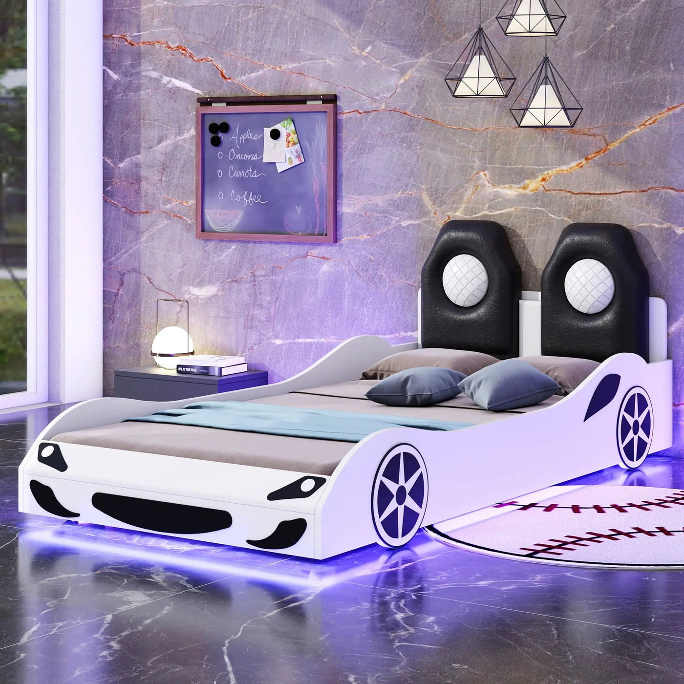 Race Car Shaped Platform Bed With LED And Upholstered Backrest In by HouseOfZazla