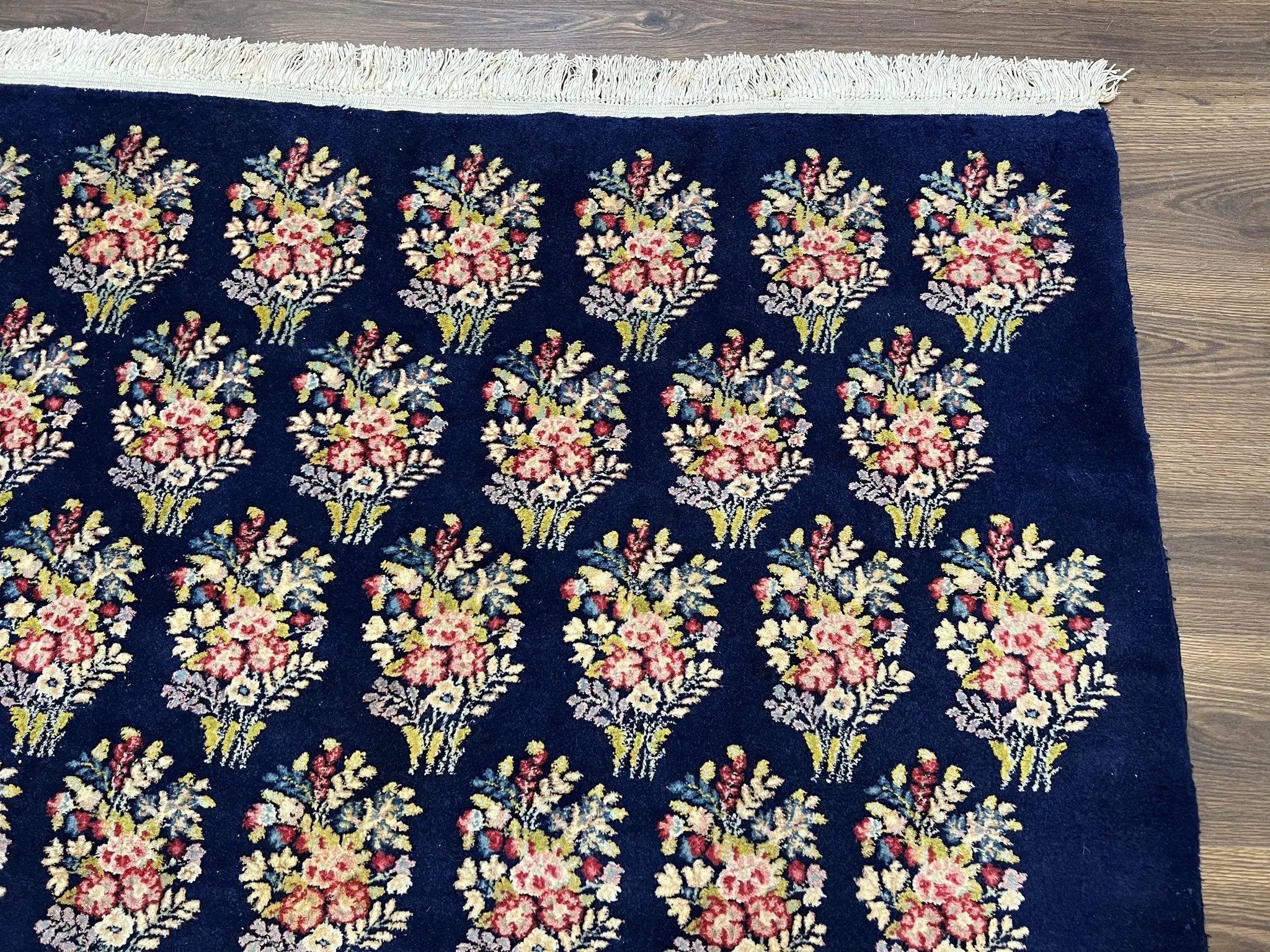 Persian Rug 9x12, Authentic Hand Knotted Carpet, Repeated Floral Motif Garden of Eden, Navy Blue Wool Rug 9 x 12, Semi Antique Kirman Rug by Jewel Rugs