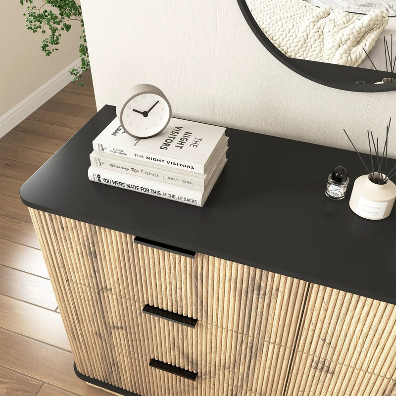 Modern 6 Drawer Cabinet With Metal Rounded Corners And Exquisite Handles Multi Functional Storage - Natural Wood by HouseOfZazla