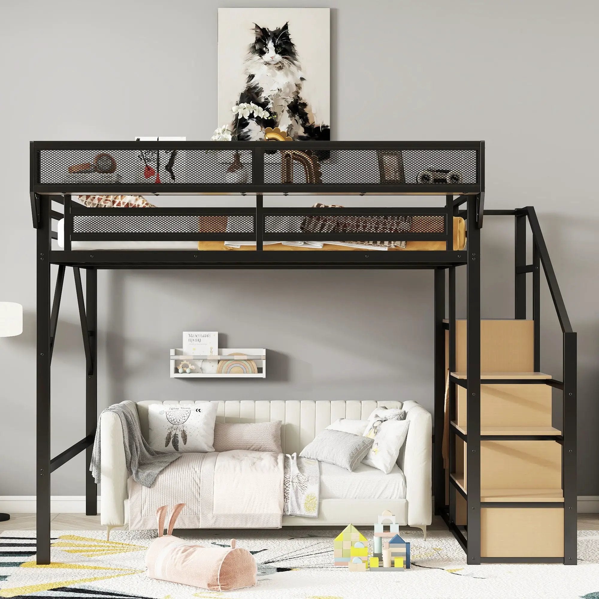 Queen Size Loft Bed & Stairs, Storage Shelves, Wardrobe - Black / Wood by HouseOfZazla