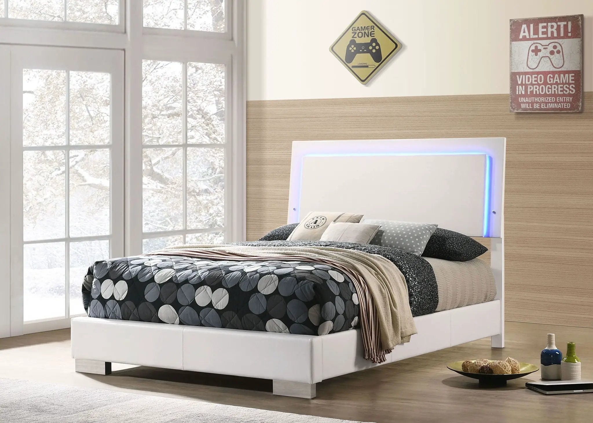 Felicity Wood Full LED Panel Bed White High Gloss by Unique Piece Furniture