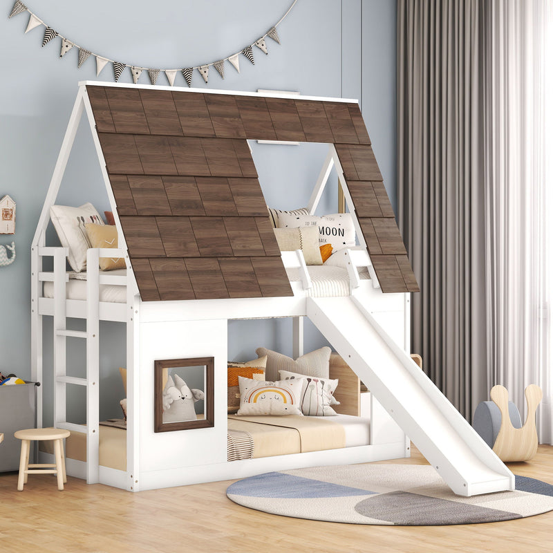 Wood Twin Size House Bunk Bed with Roof, Ladder and Slide - White / Brown, photo 6 of 11