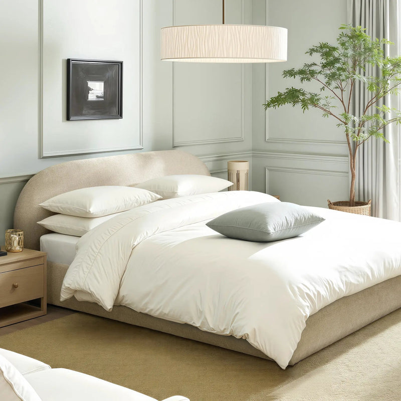 Archie Puffy Grounded Upholstered Platform Bed - Oatmeal Light by HouseOfZazla