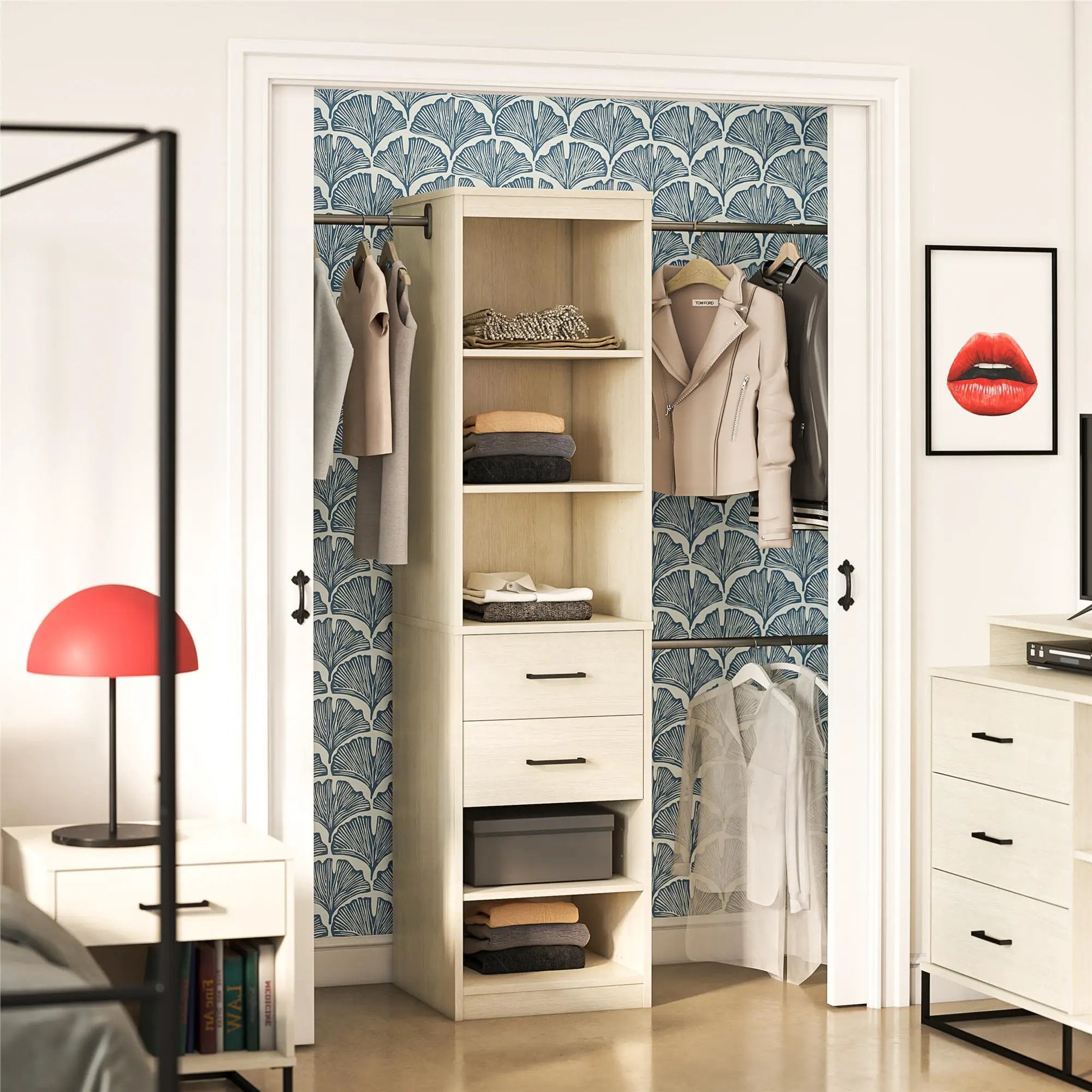 Kelly - 5 Shelf 2 Drawer Closet Organizer With 3 Adjustable Hanging Rods - Ivory by HouseOfZazla