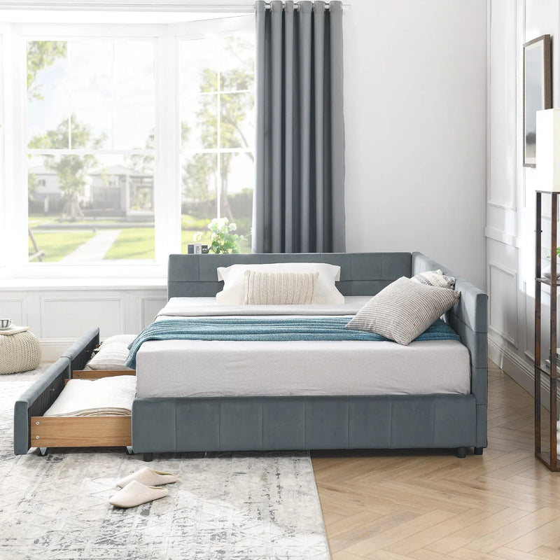Mid-Century Storage Upholstered Tufted Bed Frame With Backrest And Armrests by Unique Piece Furniture