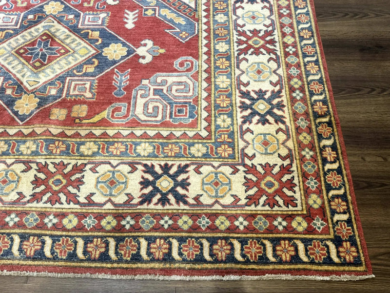 Turkish Kazak Rug 7.6 x 9.5, Geometric Medallions, Caucasian Pattern by Jewel Rugs