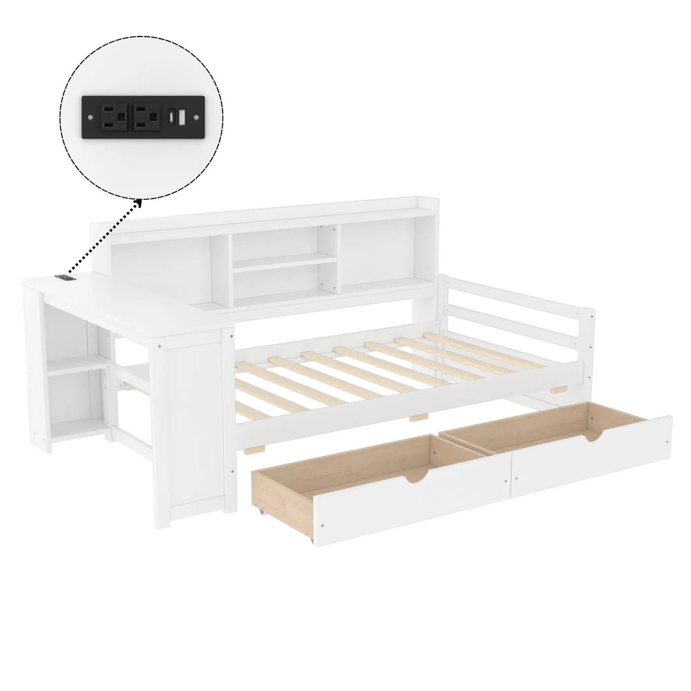 Corner Daybed With Storage Drawers, Desk, Charging Port & Bookcase by Unique Piece Furniture
