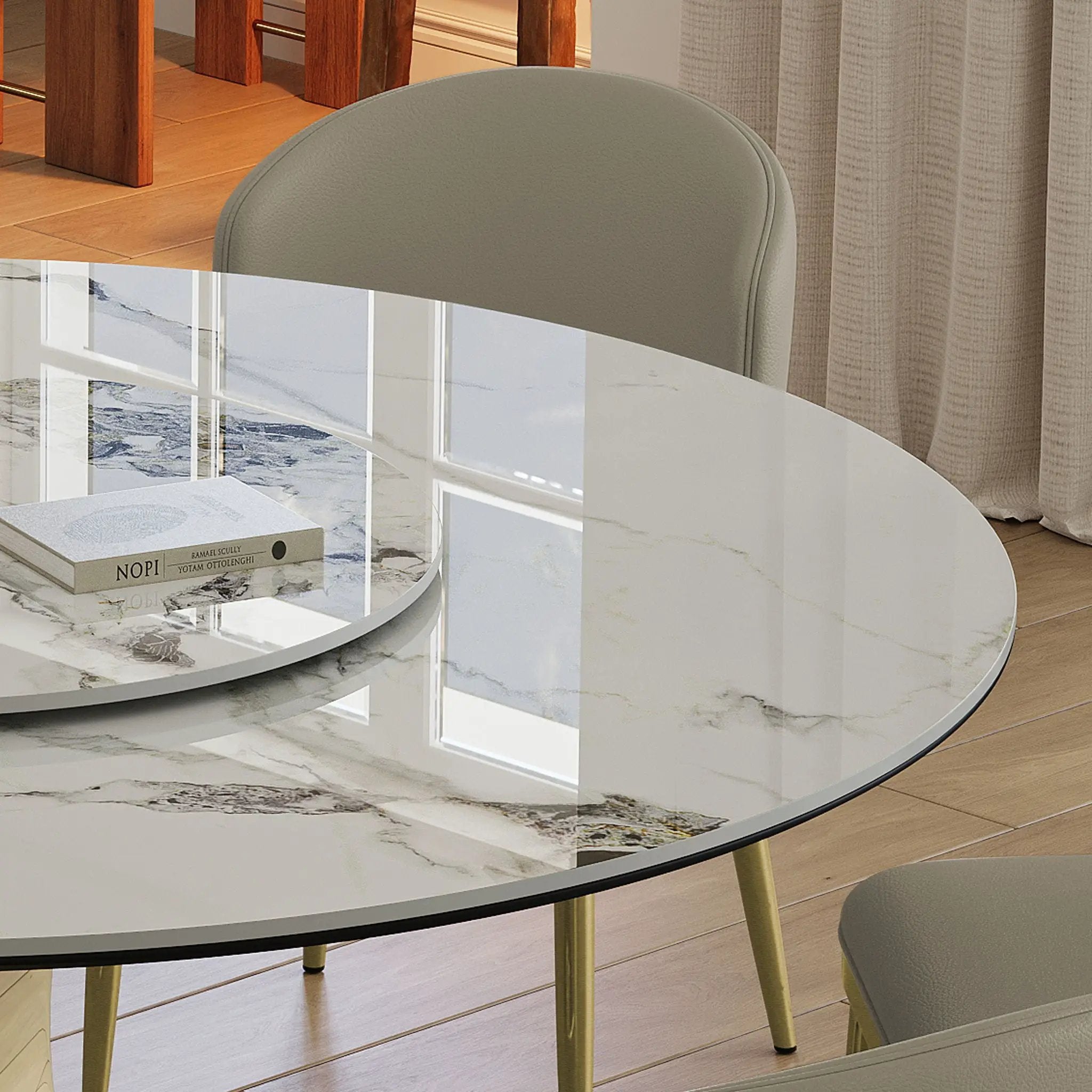 Luxury Round 59" Sintered Stone Dining Table With Stainless Steel Hourglass Base, Scratch & Heat Resistant Surface - Golden / White by HouseOfZazla