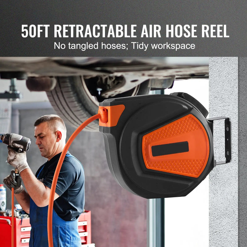 Retractable Air Hose Reel, 3/8 in x 50 ft Hybrid Air Hose by HouseOfZazla