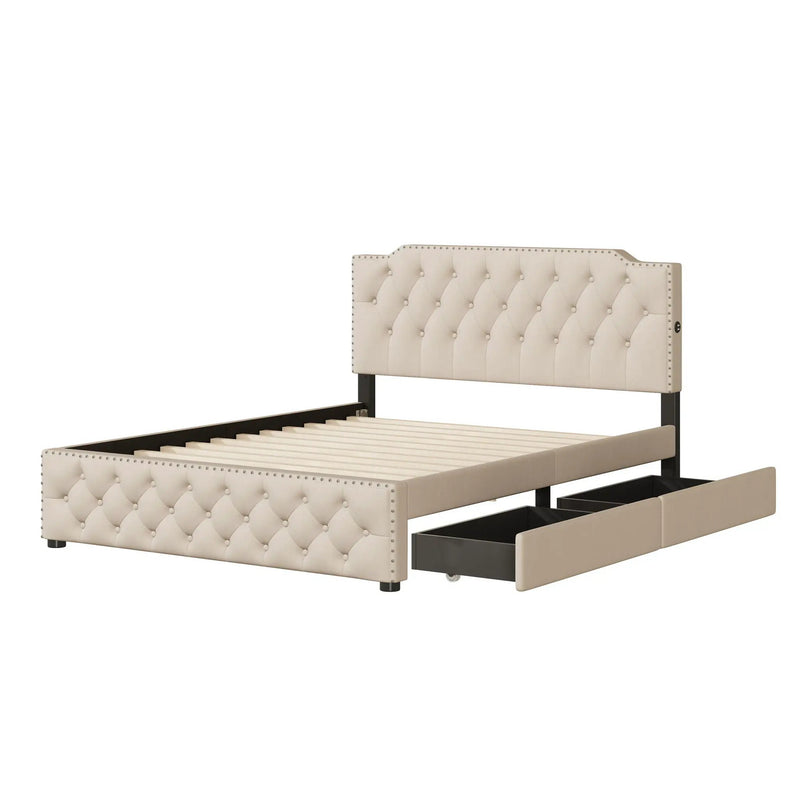 Upholstered Platform Bed With 2 Drawers And 2 Sets Of USB Ports On Each Side, Fabric by Unique Piece Furniture