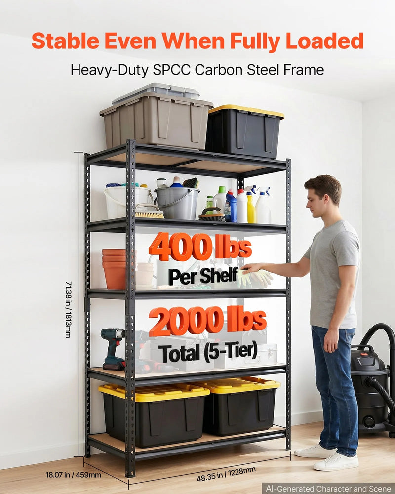 Storage Shelves, 5-Tier Adjustable, 2000 lbs Capacity, Heavy Duty Garage Storage Shelving Unit, Metal Utility Rack Shelf, for Garage Warehouse Basement Kitchen, 48.35" W x 18.07" D x 71.38" H, photo 5 of 8