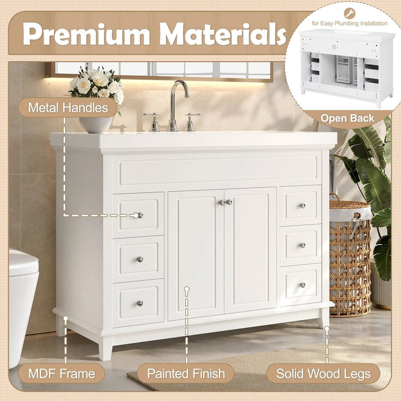 Bathroom Vanity With Sink, 6 Soft Close Drawers & Double Doors - White