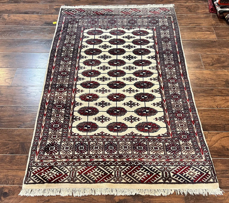 Pakistani Bokhara Rug 4x6, Turkoman Carpet, Vintage Handmade Wool Rug, Ivory by Jewel Rugs