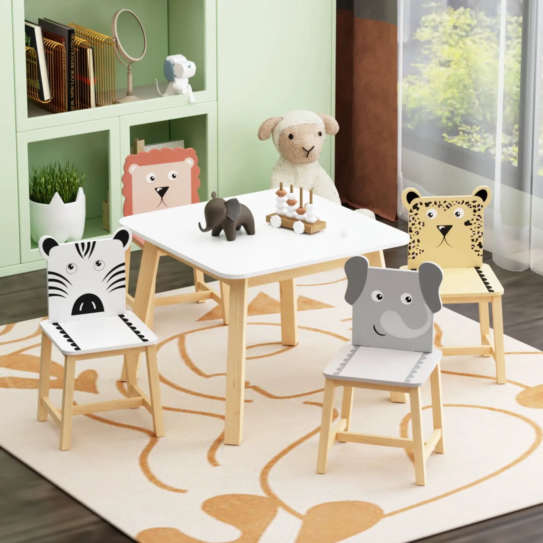 Kids Table And Chair Set With Cartoon Animals Design - White by HouseOfZazla