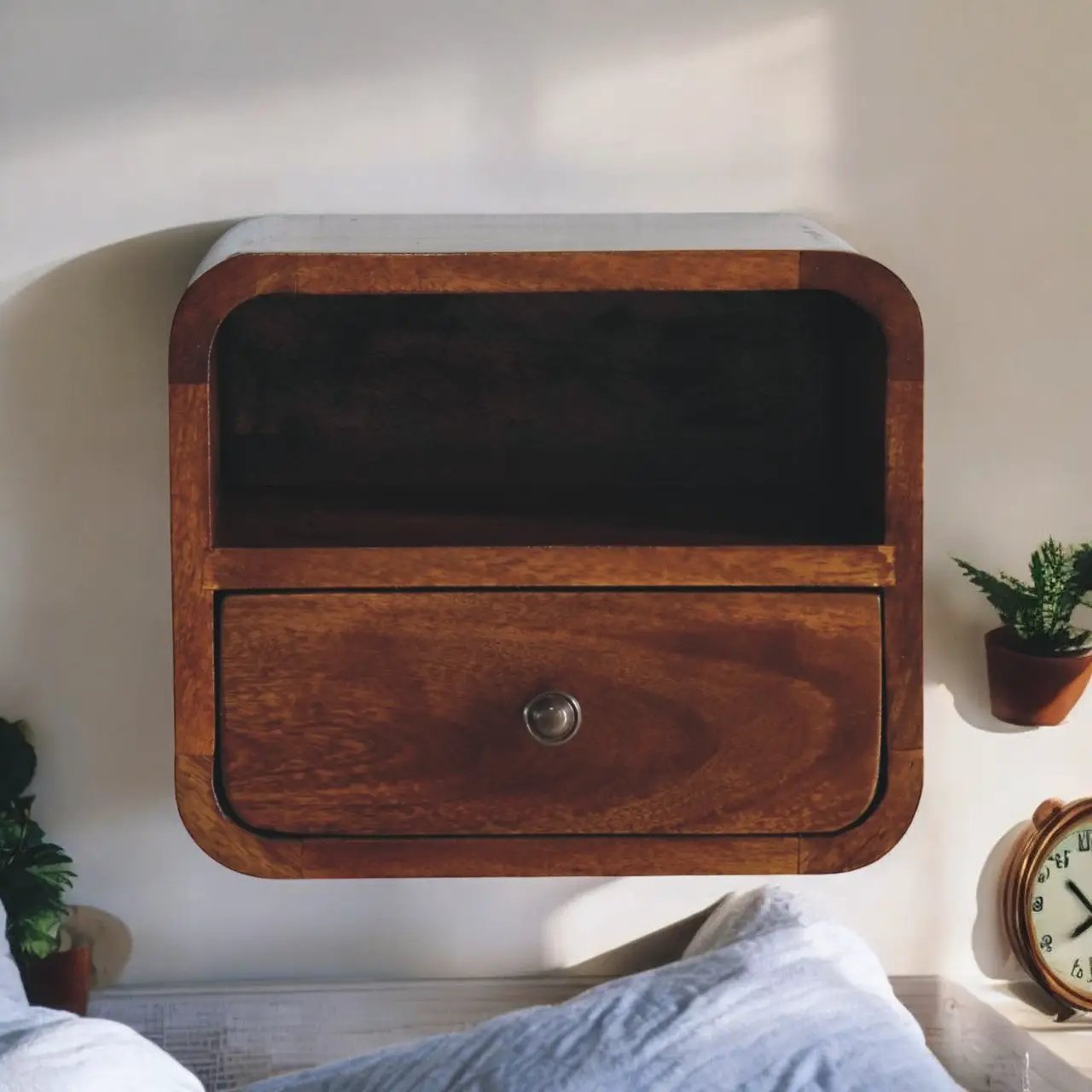 Extra Mini Wall-Mounted Curved Chestnut Nightstand by HouseOfZazla