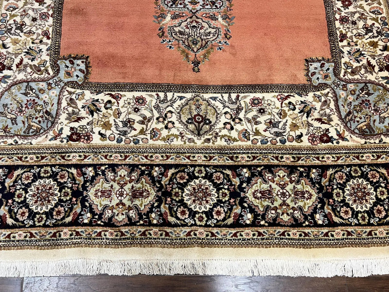 Persian Tabriz Rug 10x13, Wool Hand Knotted Vintage Carpet, Salmon Red & Ivory, Semi Open Field, Birds & Animal Motifs, Large Rug by Jewel Rugs