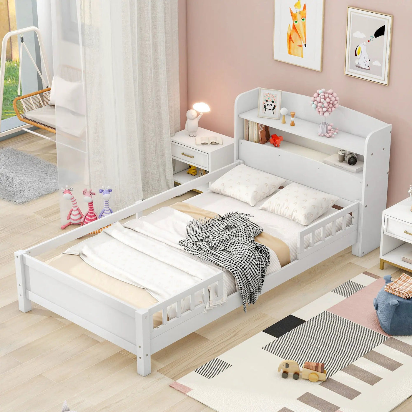 Wood Platform Bed With Built In LED Light, Storage Headboard And Guardrail by HouseOfZazla