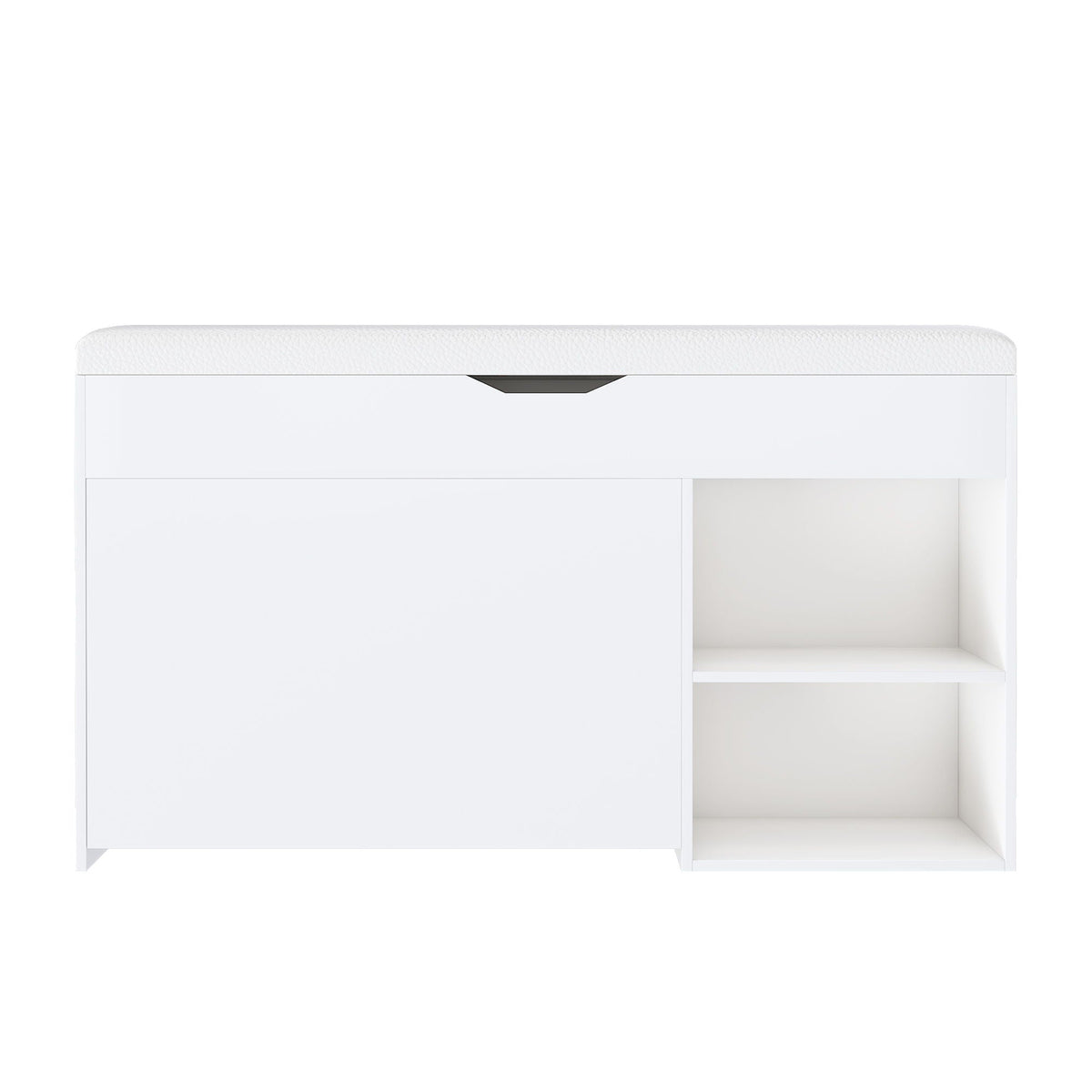 Modern White Entryway Bench with Adjustable 3-Tier Flip-Up Drawers and Hidden Cabinet