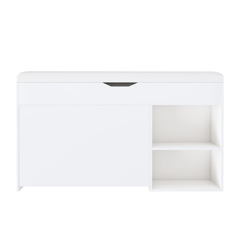 Modern White Entryway Bench with Adjustable 3-Tier Flip-Up Drawers and Hidden Cabinet