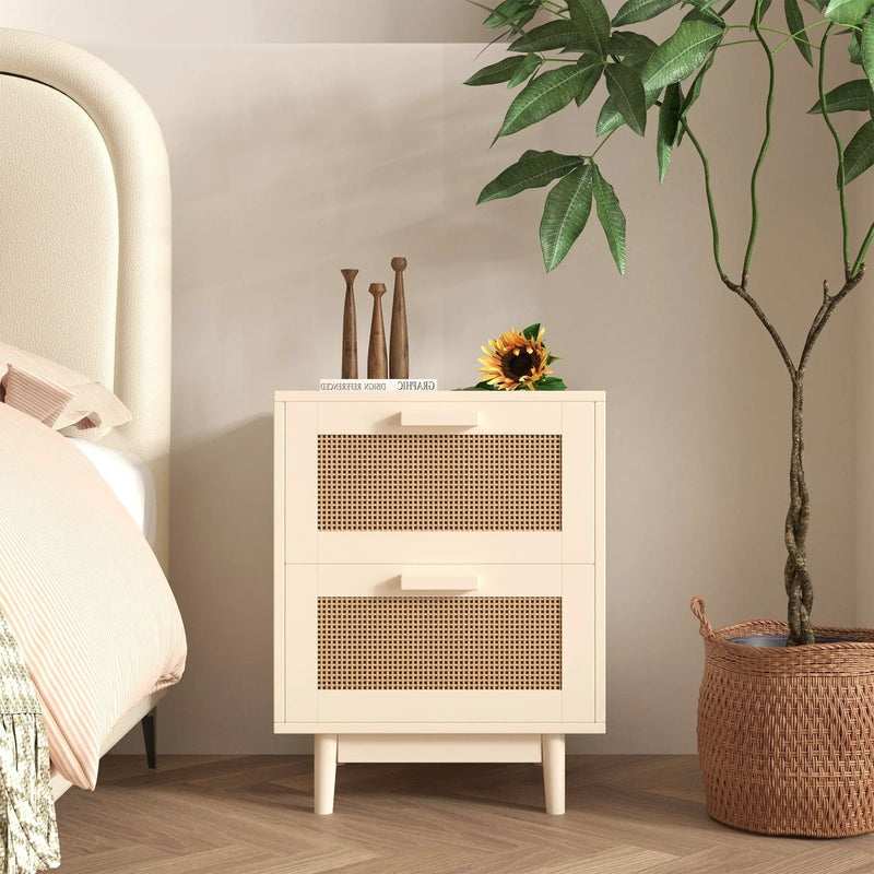 Nightstand With 2 Drawers, Storage Side Table For Bedroom - Antique Natural / Rattan by Unique Piece Furniture