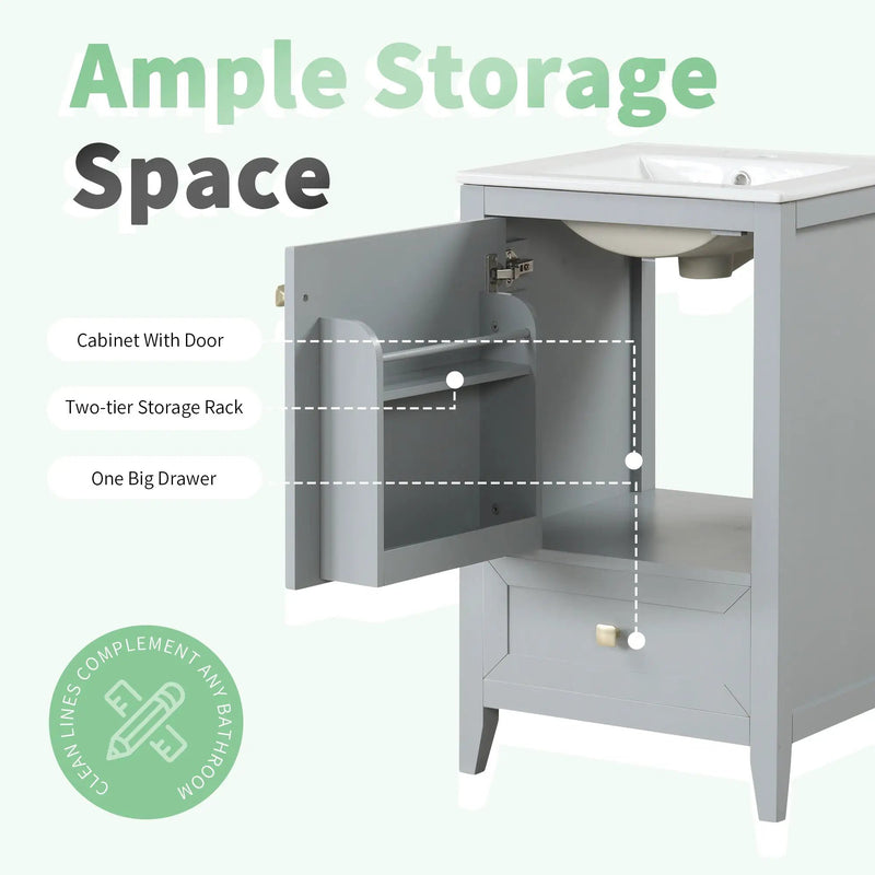 20" Bathroom Vanity with Sink, Storage Rack, and Soft Closing Door - Grey by HouseOfZazla