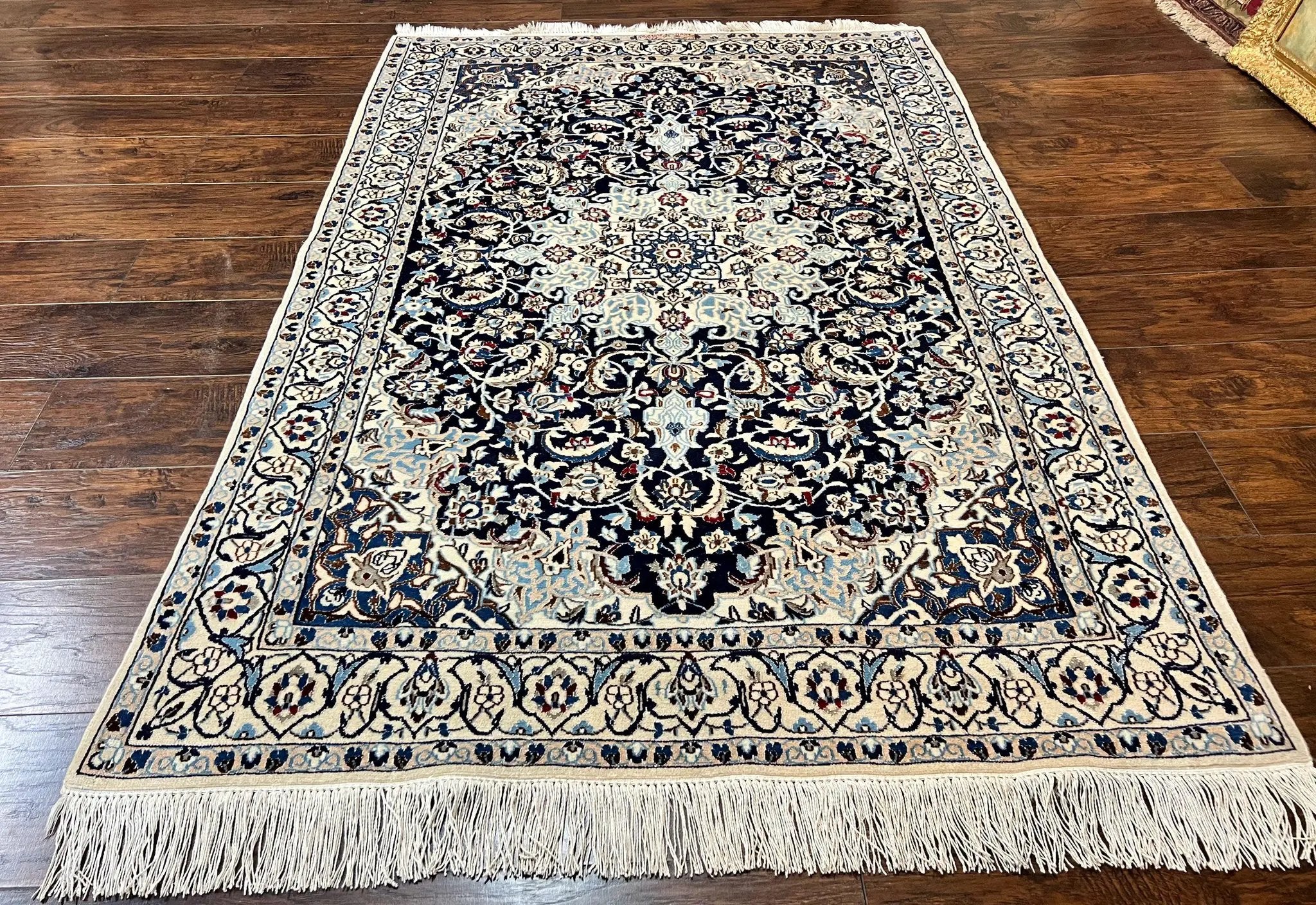 Persian Nain Rug 4x6, Floral, Hand Knotted Vintage Wool & Silk Highlights, Signature from Masterweaver, Navy Blue and Ivory by Jewel Rugs