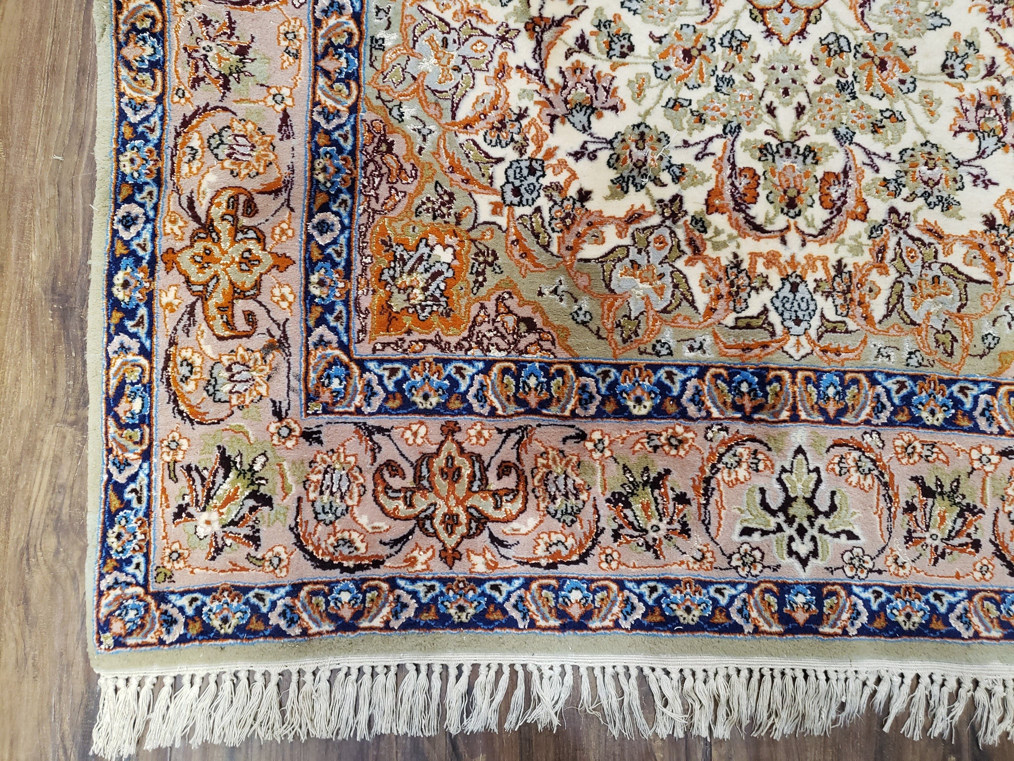 Vintage Persian Isfahan Lachak Toranj Rug, Highly Detailed, Kork Wool on Silk Foundation, Beige and Dark Blue, Hand-Knotted, 3'6" x 5' 4" by Jewel Rugs