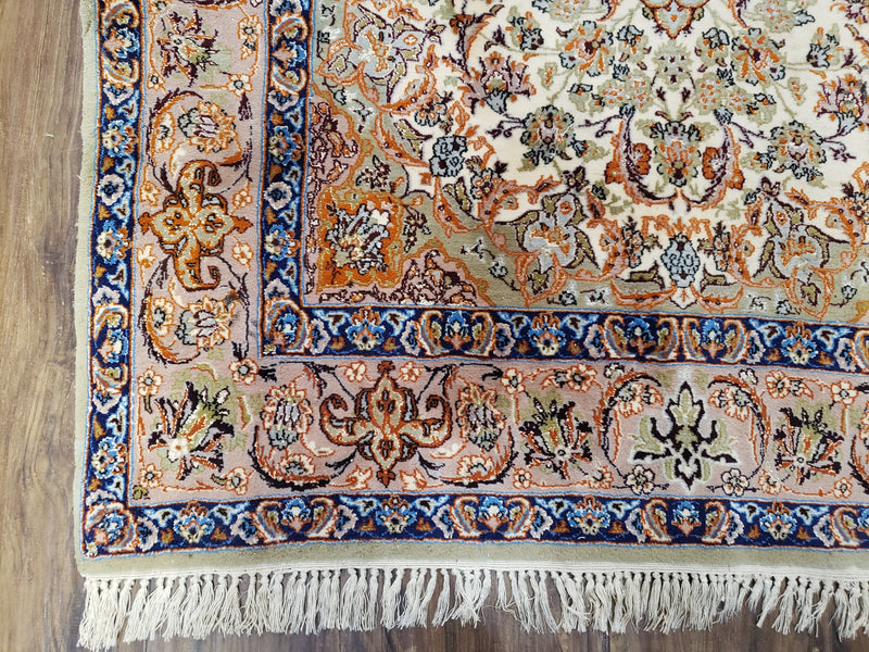 Vintage Persian Isfahan Lachak Toranj Rug, Highly Detailed, Kork Wool on Silk Foundation, Beige and Dark Blue, Hand-Knotted, 3'6" x 5' 4" by Jewel Rugs