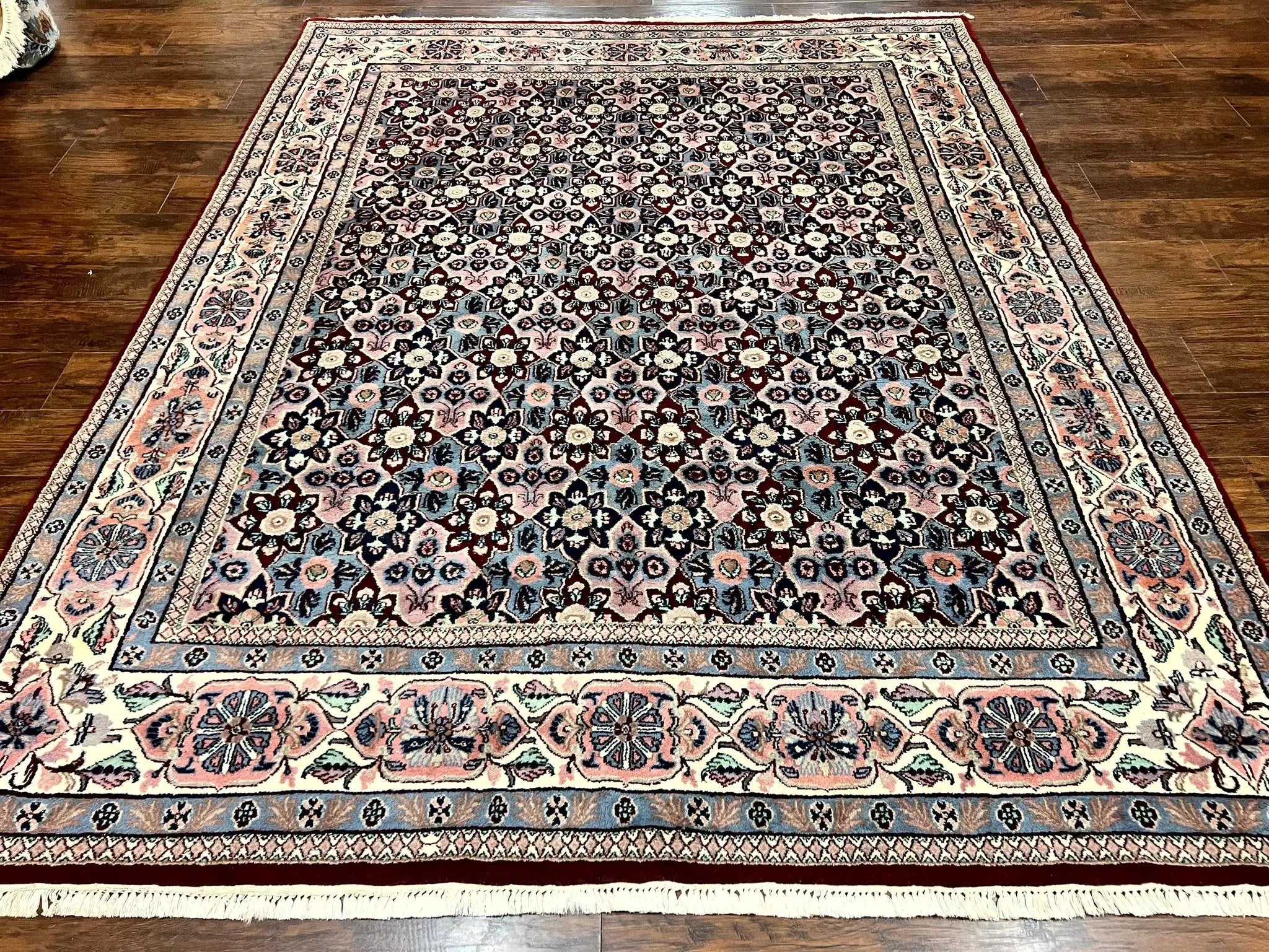 Indo Persian Rug 8x10, Repeated Allover Pattern, Navy Blue Ivory, Handmade Vintage Wool Carpet by Jewel Rugs