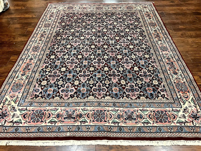 Indo Persian Rug 8x10, Repeated Allover Pattern, Navy Blue Ivory, Handmade Vintage Wool Carpet by Jewel Rugs