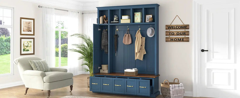 U-Can Entryway Hall Tree with Coat Hooks, Shoe Bench & Drawer Storage Cabinet by HouseOfZazla
