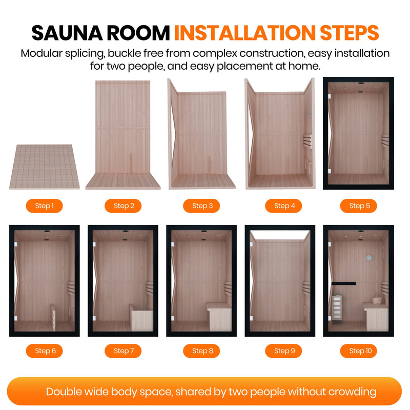 African Pine Indoor Sauna with Double Stove & LED Lighting - Natural Pine, photo 10 of 10