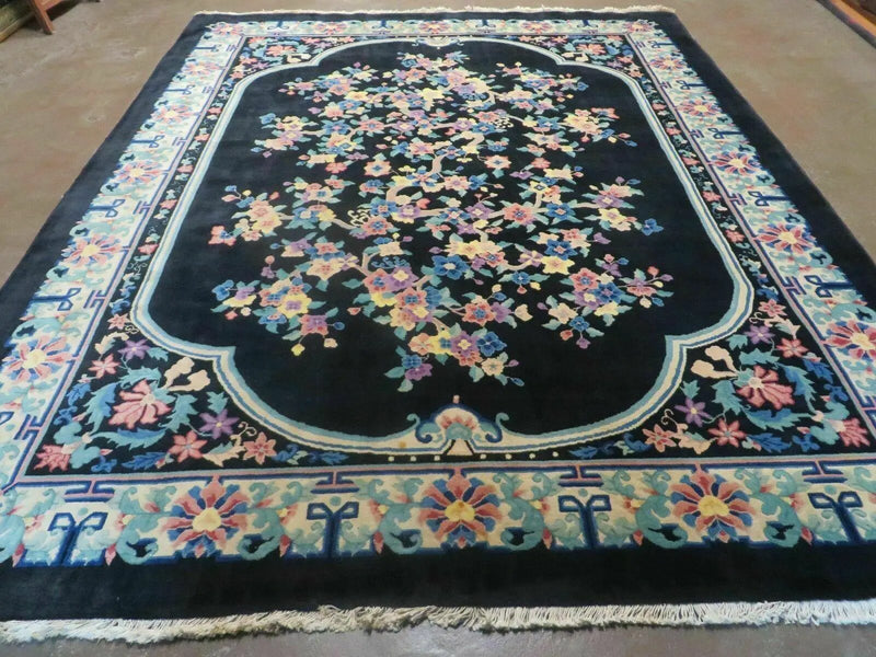Black Chinese Wool Rug 8x10, Art Deco Floral Carpet, Soft Plush Pile by Jewel Rugs
