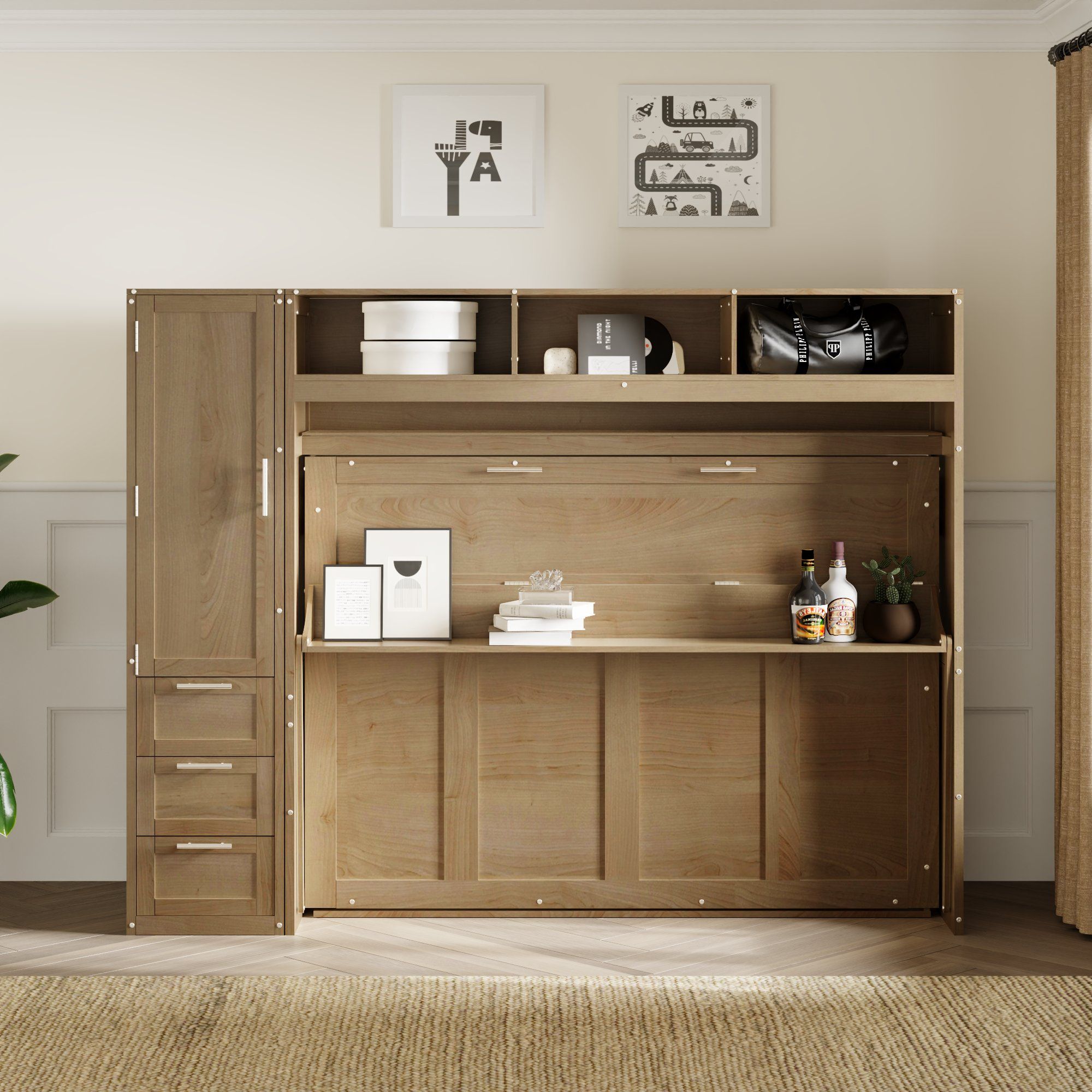 Full Size Murphy Bed With Wardrobe, Drawers, And Open Shelves - Wood by HouseOfZazla