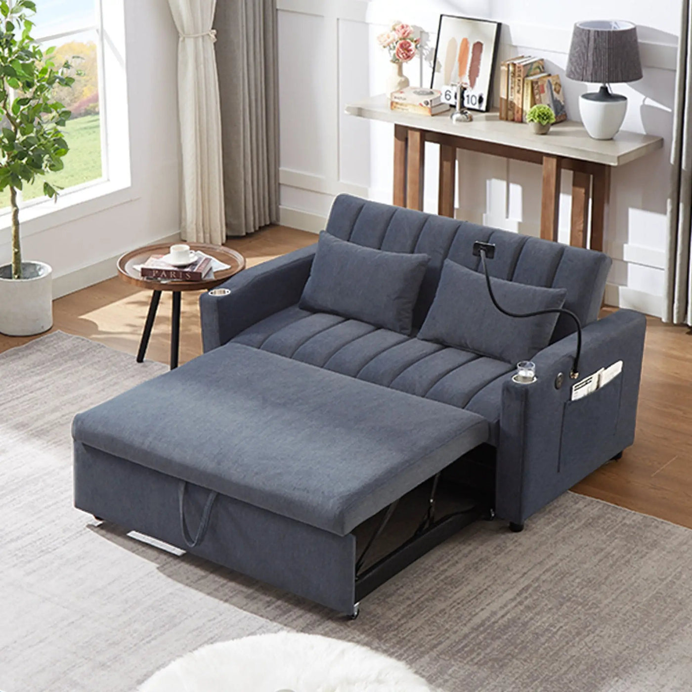 Convertible Sofa Bed Loveseat Sofa With Three USB Ports, Two Side Pockets, Two Cup Holders And 360° swivel Phone Holder For Living Room by HouseOfZazla