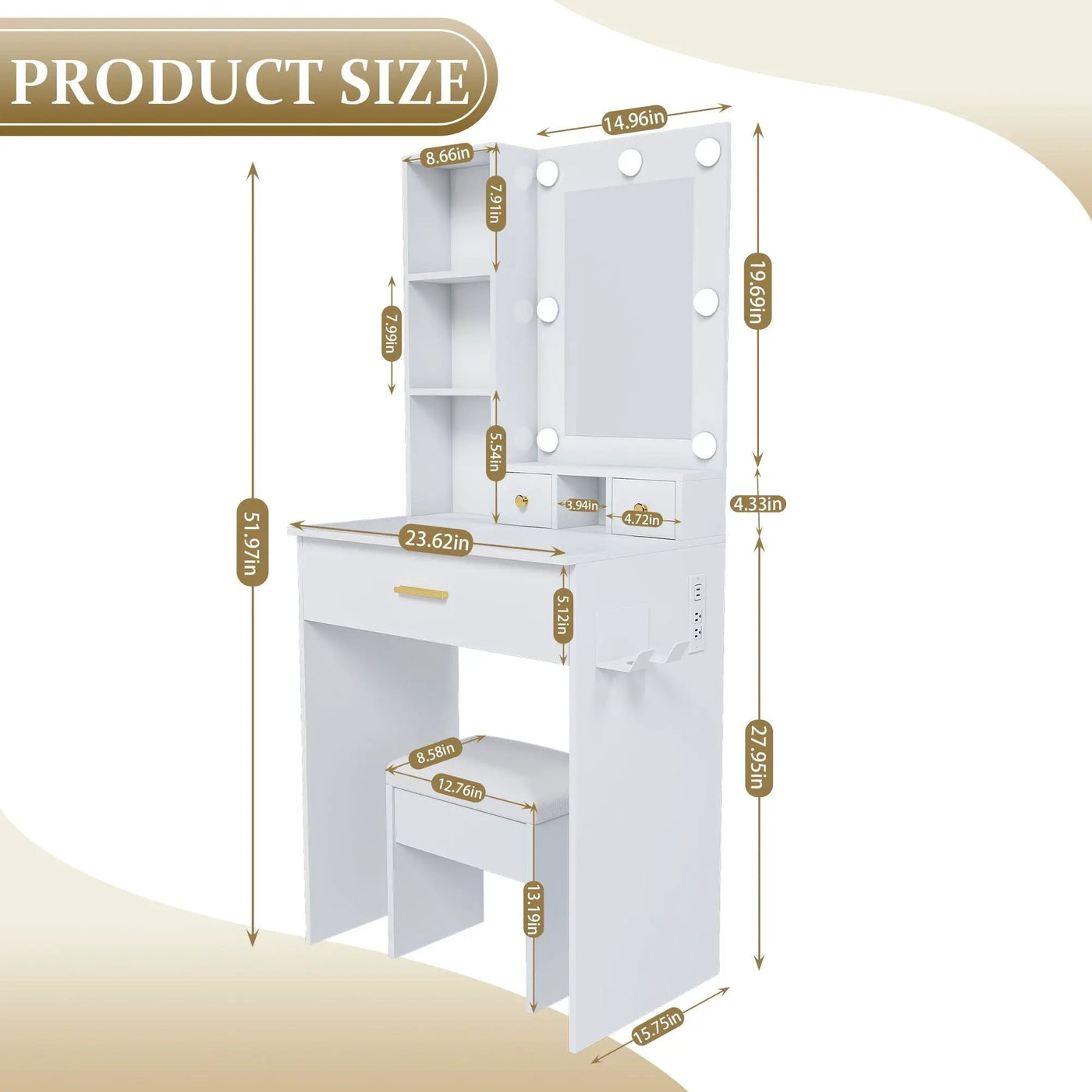 Vanity Table With Mirror, Adjustable LED Lights, Power Outlet, Hairdryer Holder & Stool by HouseOfZazla