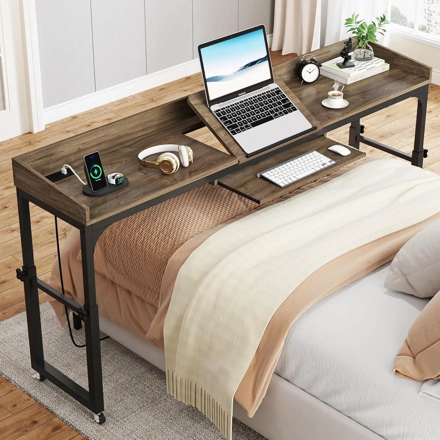 Adjustable Overbed Table With Wheels, Queen Size Mobile Desk - Dark Gray