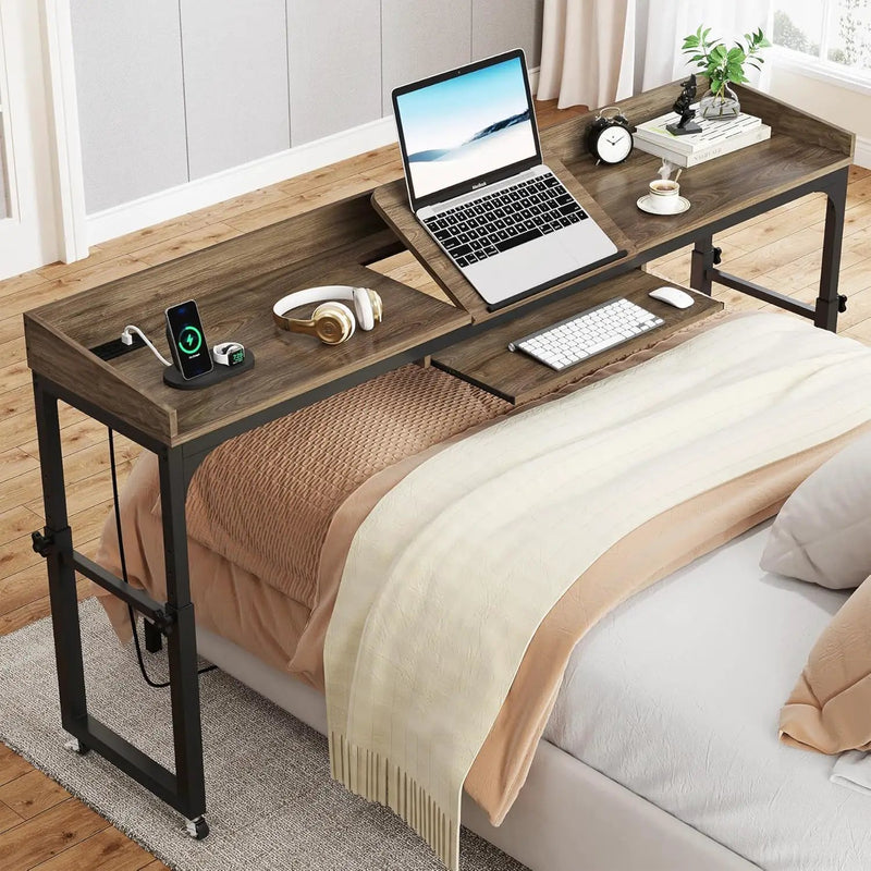 Adjustable Overbed Table With Wheels, Queen Size Mobile Desk - Dark Gray