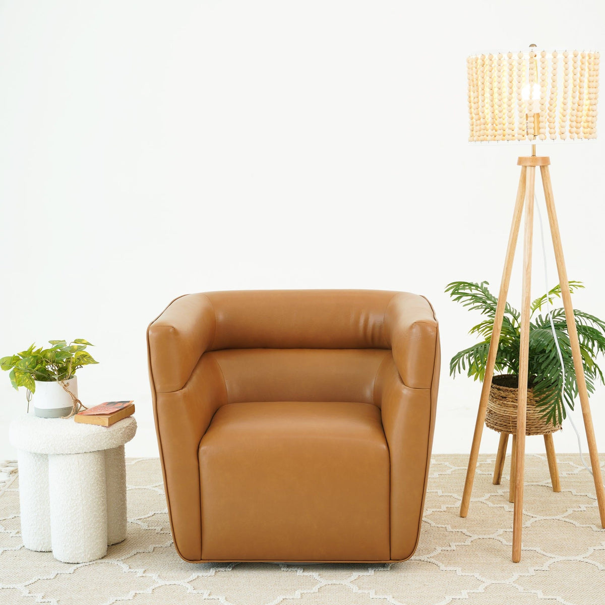 Tan Genuine Leather Swivel Chair with Adjustable Headrest, photo 6 of 9