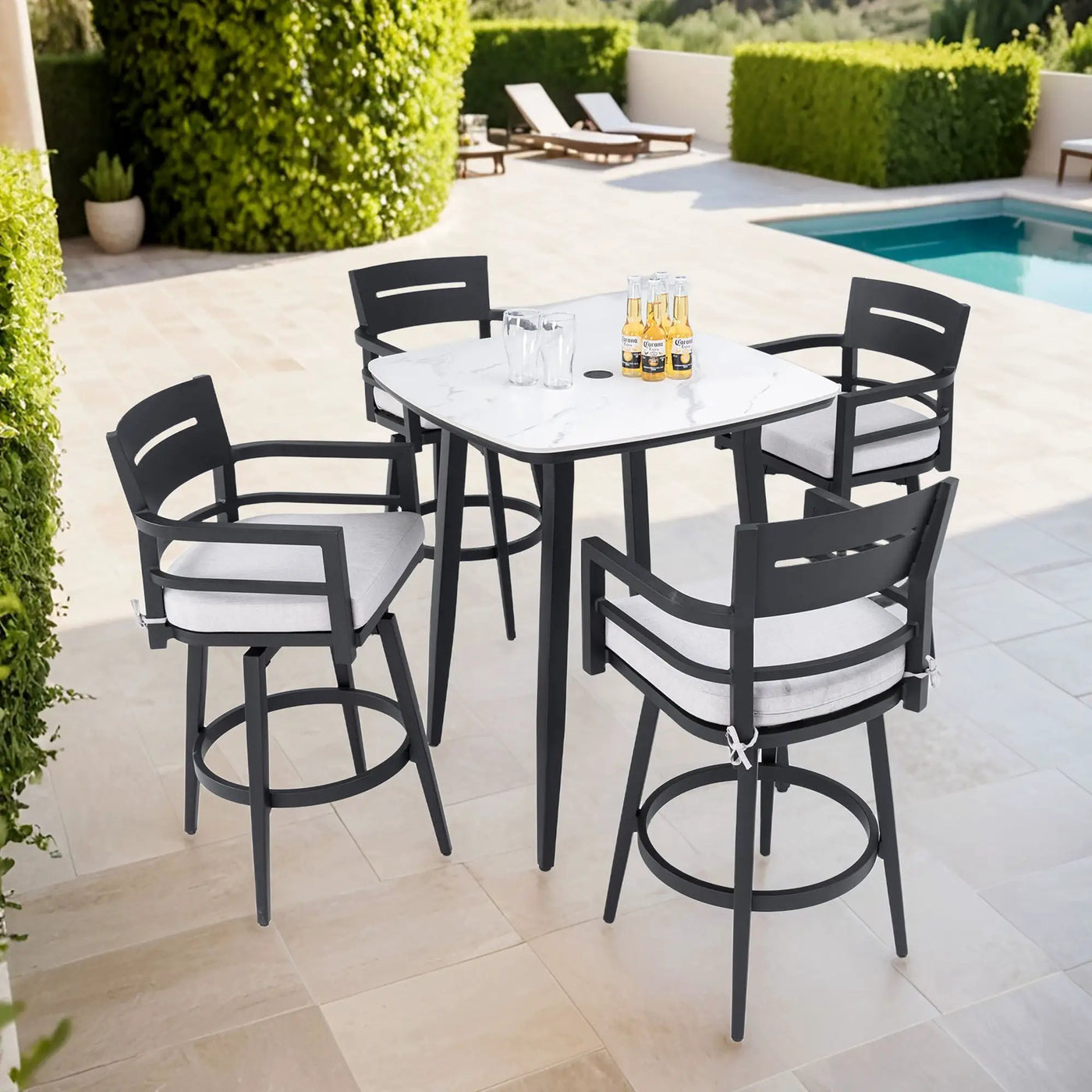 Modern Outdoor Patio Bar Set, Rounded Square Table & Bar Chairs, Non Rust Frame, Tapered Legs, Sunbrella Cushion by HouseOfZazla