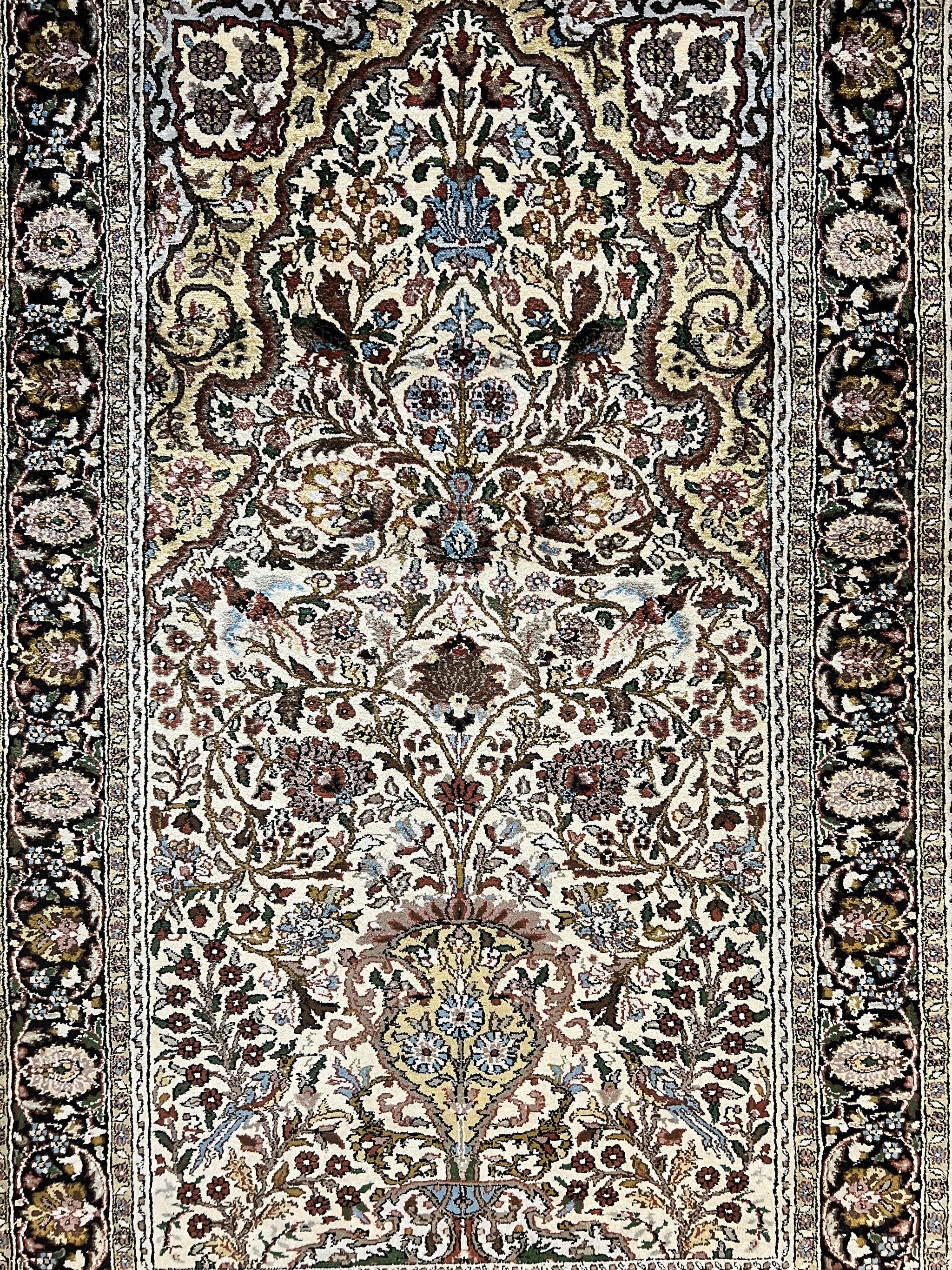 Turkish Kayseri Silk Rug 3x5, Tree of Life Silk Oriental Carpet, Birds Persian Vase Design, Hand Knotted Vintage Fine Rug, 340 KPSI by Jewel Rugs