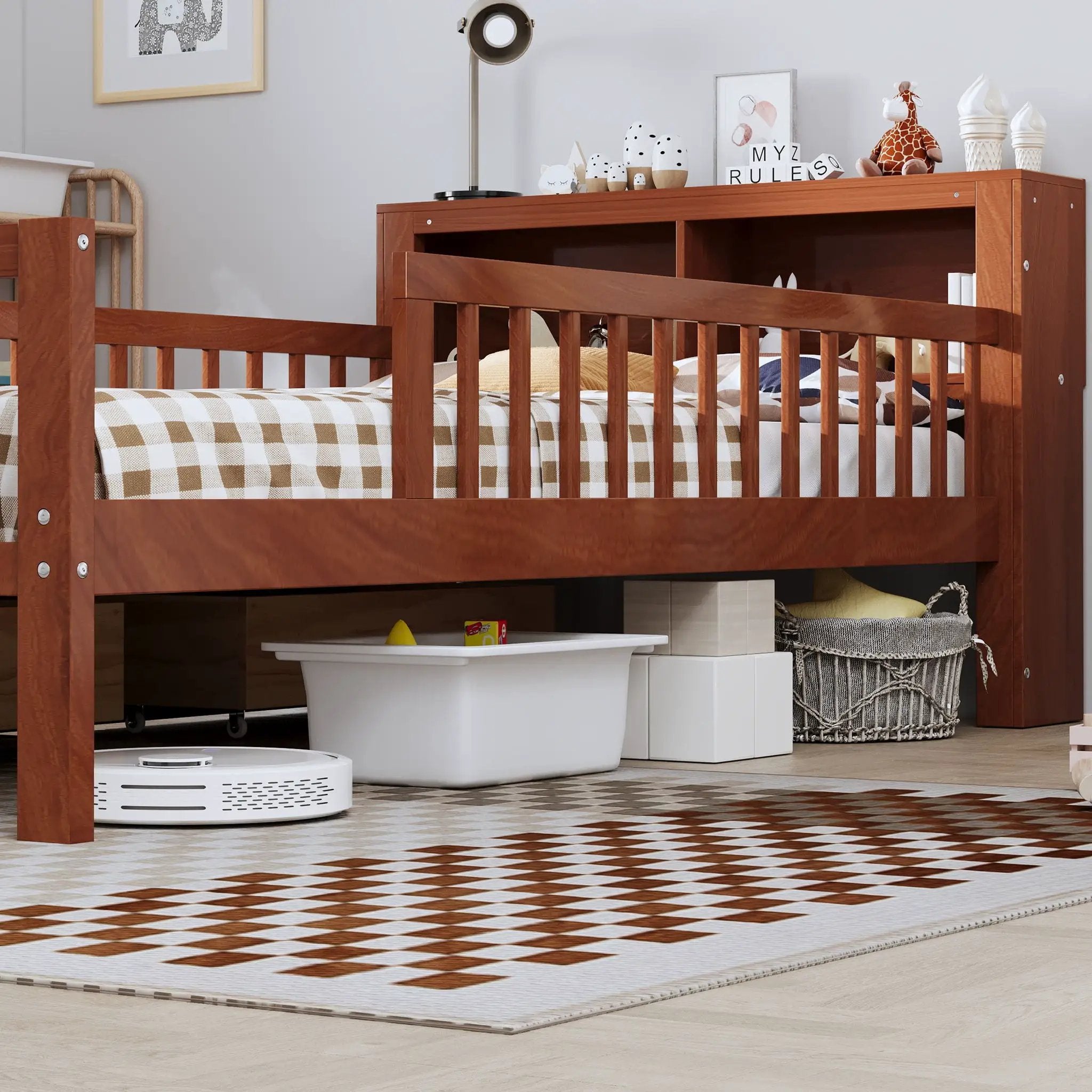 Bed With Headboard Storage Rack, 2 Under Bed Drawers, 3 Side Guardrails For Safety by Unique Piece Furniture