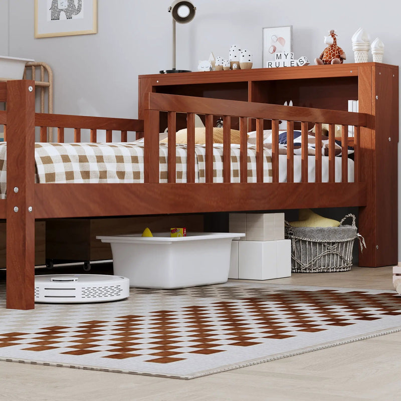 Bed With Headboard Storage Rack, 2 Under Bed Drawers, 3 Side Guardrails For Safety by HouseOfZazla