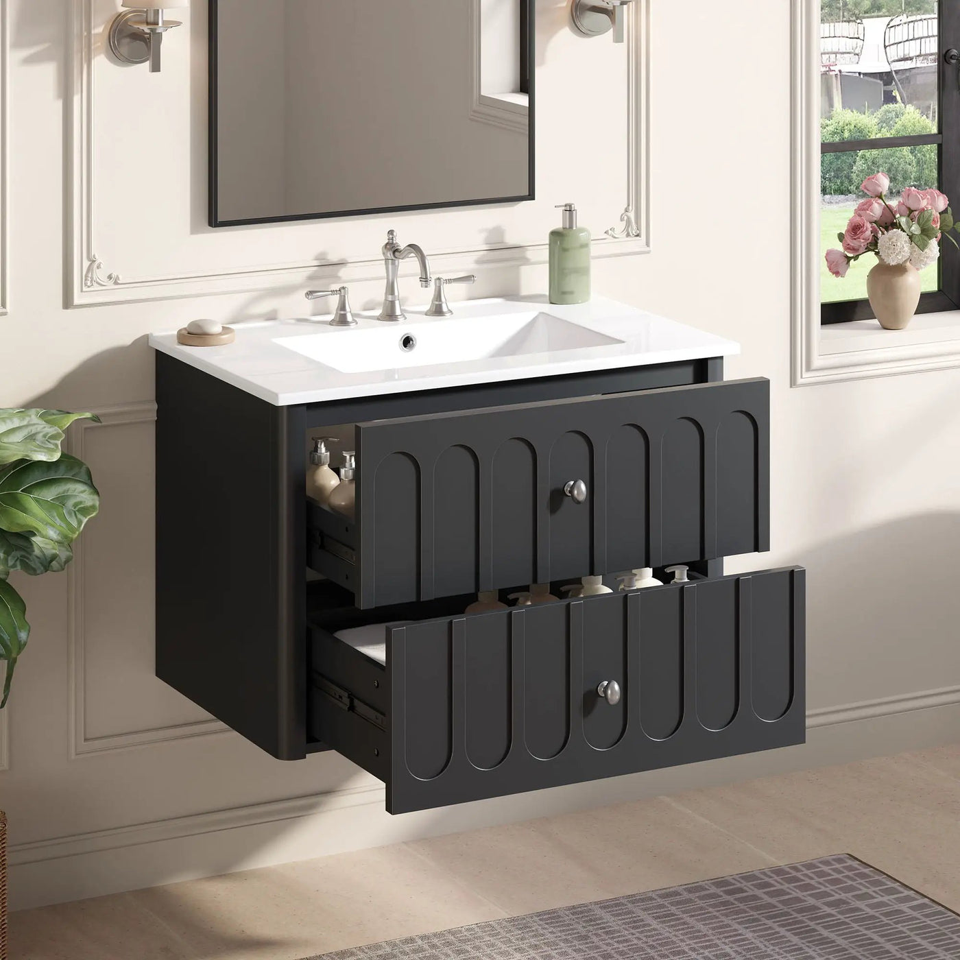Floating Bathroom Vanity With Oval Knobs & Round Edge, Soft Close Drawer Slides by HouseOfZazla
