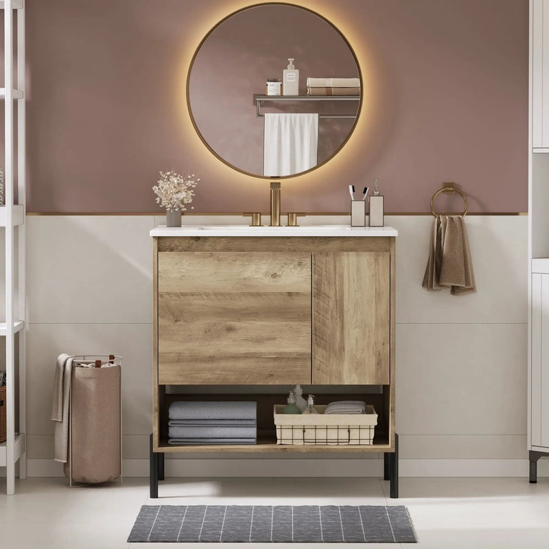 Bathroom Vanity Cabinet With Sink, Sliding Drawer, Soft Closing Door, Open Shelf - Natural Wood by Unique Piece Furniture