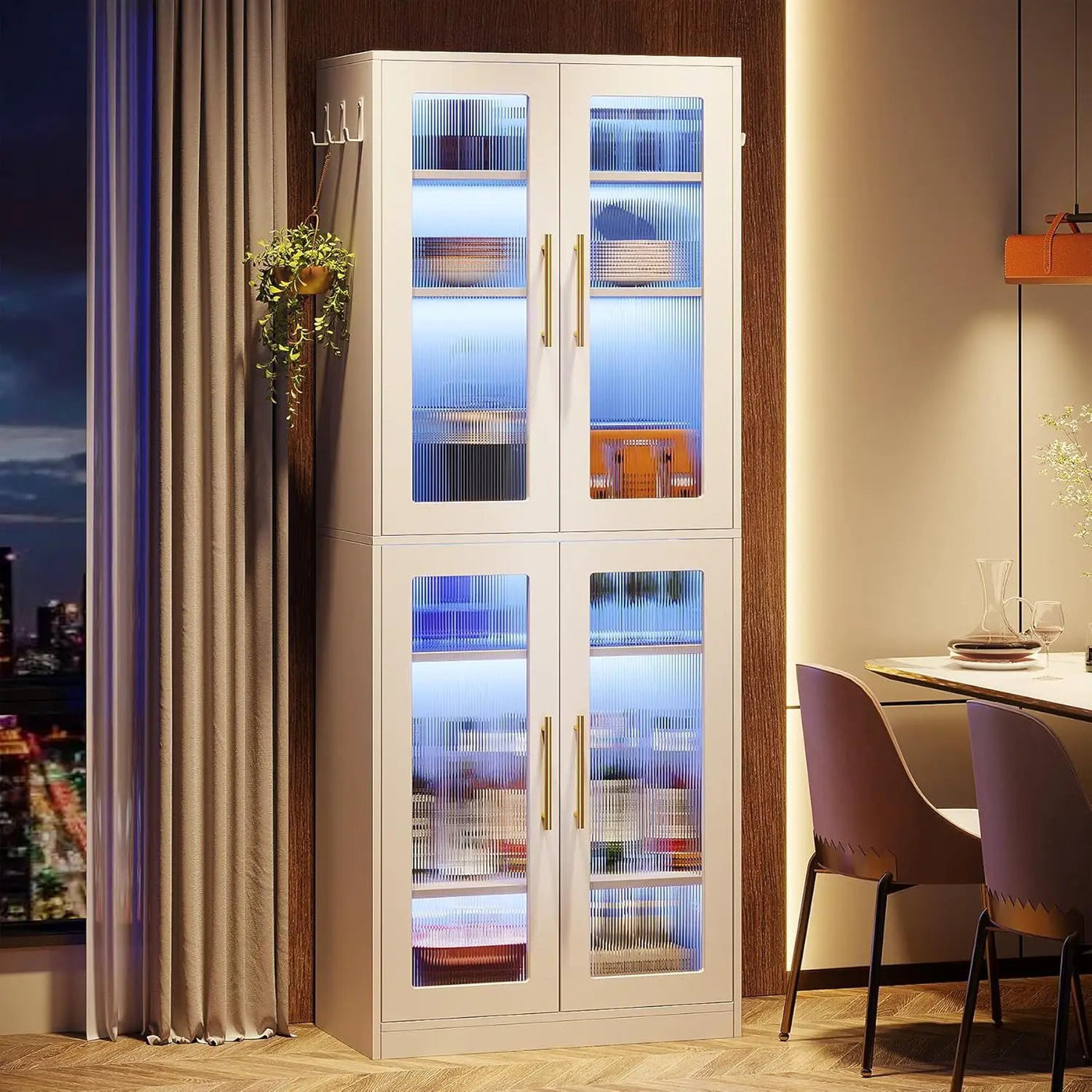 Bookcase With Doors And LED Lighting, 8 Adjustable Shelves Storage Cabinet by HouseOfZazla
