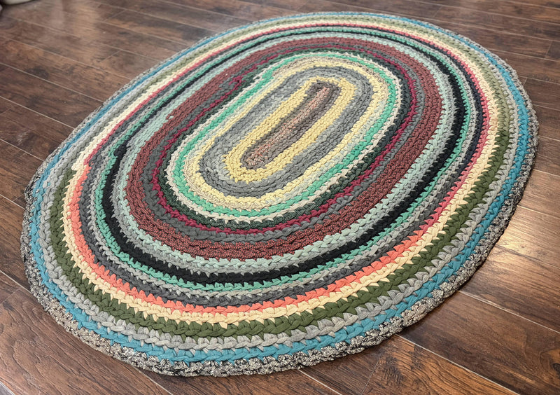 Antique American Braided Rug 5x7, Oval Multicolor Handmade Wool Braided Carpet by Jewel Rugs