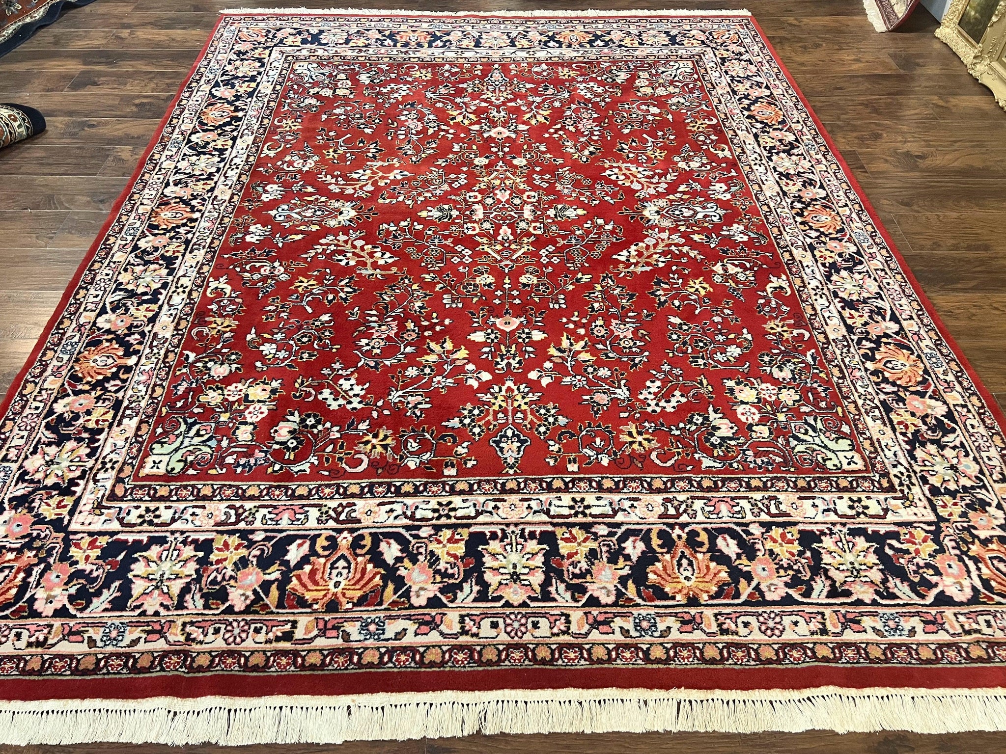Indo Persian Sarouk Rug 8x10, Red, Floral Allover, Handmade Vintage Wool Carpet, Traditional Rug by Jewel Rugs
